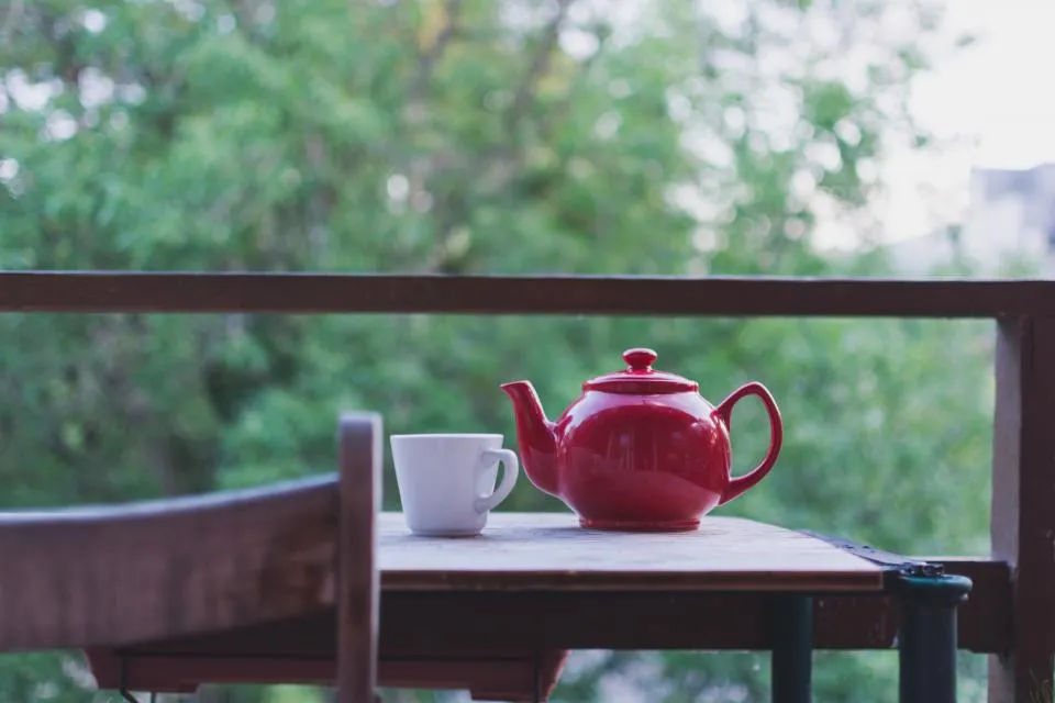 A red teapot and cup on an outdoor table